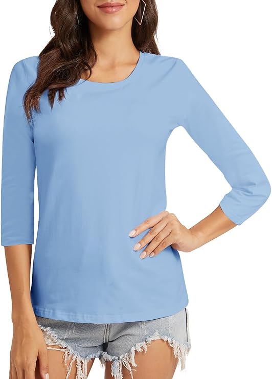 Womens Basic 3/4 Length Sleeve Summer Cotton Tops T-Shirt for Women