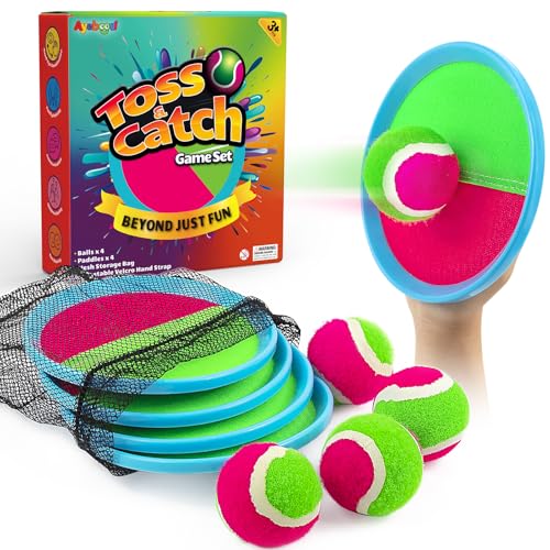 Ayeboovi Toss and Catch Ball Set Boys Toys Outdoor Toys Yard Games Outside Games Beach Toys for Kids Ball and Catch Game with 4 Paddles and 4 Balls [Upgraded Version]