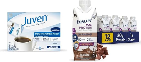 Juven Therapeutic Nutrition Powder for Wound Healing, 30 Count and Ensure Max Protein Nutrition Shakes, 30g Protein, 12 Pack