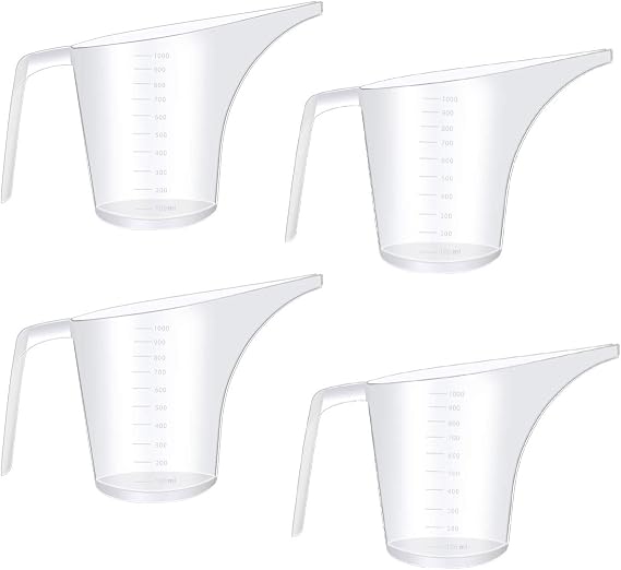 Fireboomoon 4 Pack Plastic Funnel Pitcher,Large Capacity Long Spout Measuring Cup for Bakeware Molds,Pancake,Batter,Muffin,Cakes,Soap Making(4 Cups/32 Ounces/1000 ml)