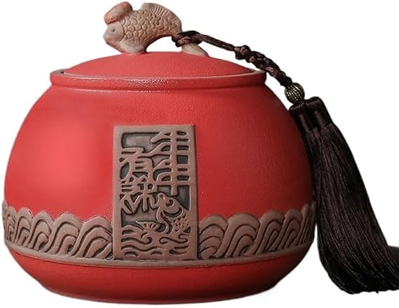 tea caddy Vintage Rough Ceramic Tea Canister With Change And Carry Handle Sealed Storage Jar For Sugar, Tea, Coffee tea storage(Red)