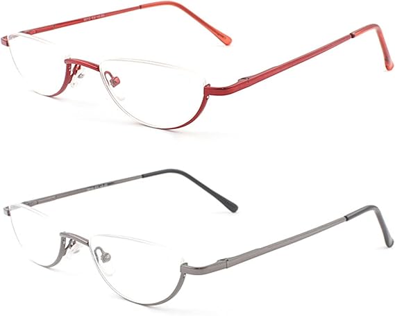 MMOWW 2 Pack Half Moon Reading Glasses for Men Women Slim Metal Half Frame Readers Semi Rimless Eyewear with Spring Hinge (Red+Gray, 4.0)