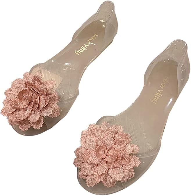 Womens Jelly Shoes Cute Flower Non-Slip Flat Sandals Comfy Open Toe Clear Jelly Sandal for Outdoor Walking Beach