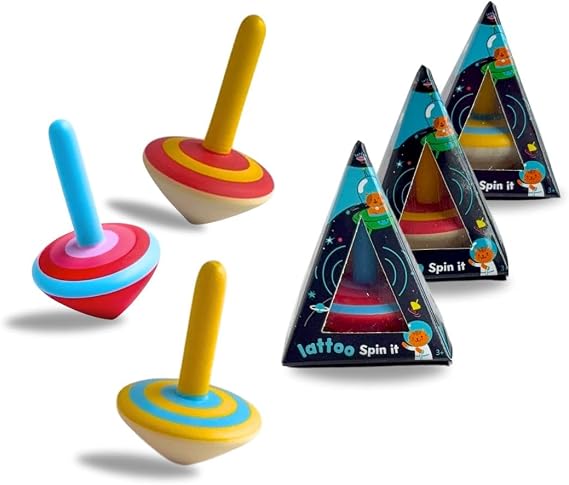 Lattooland Wooden Set of 3 Spinning Tops for Kids | Multicolor & Child-Safe Montessori | Educational Kindergarten Toys | Classic Lattoos | Flip Tops Gyroscope for Toddlers | Birthday Return Gift | 3+