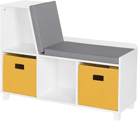 RiverRidge Kids Book Nook Reading Bench with Cushion and 2 Yellow Bins