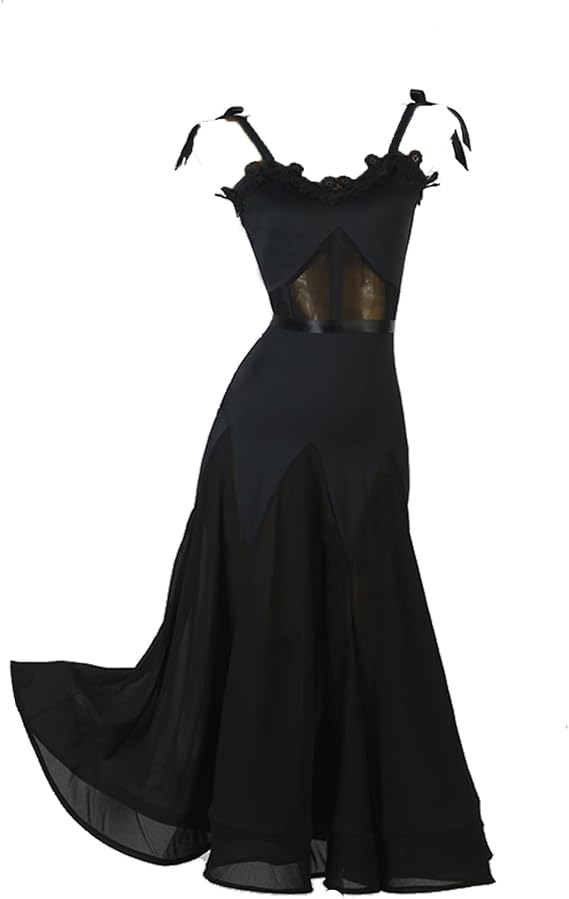 Women's Waltz Performance Costumes Suspenders Tango Flamenco Dancing Outfit Mesh Standard Ballroom Dresses V Neck
