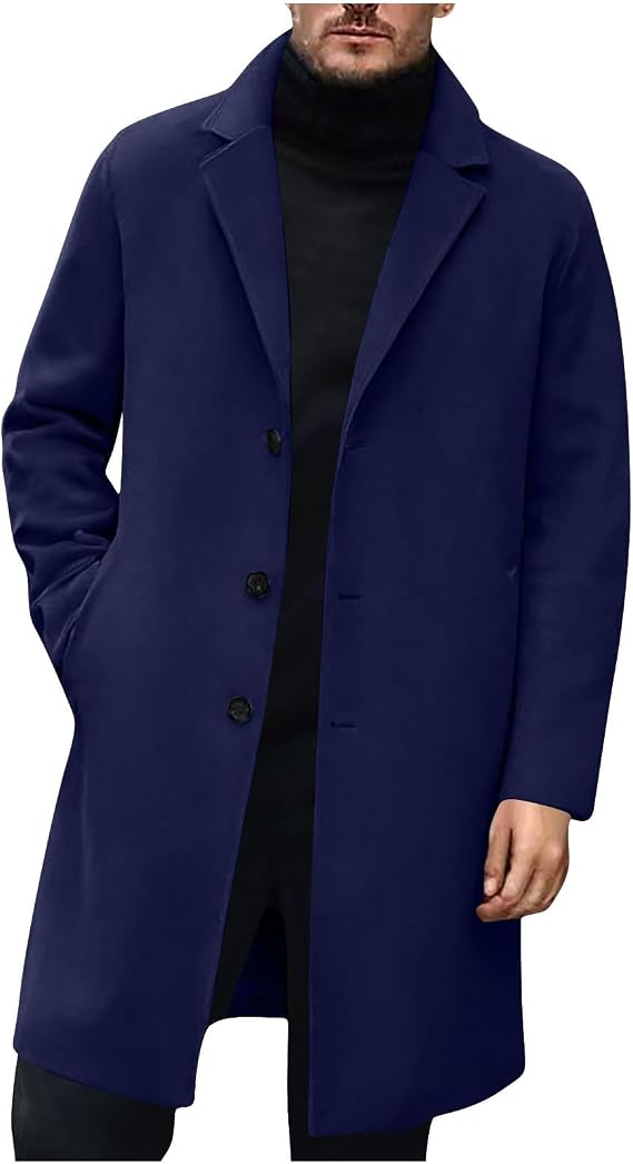 Men's Casual Trench Coat Winter Wool Blend Overcoat Mid-Long Single Breasted Pea Coat Lapel Notched Collar Jackets