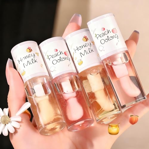 4PCS Tinted Hydrating Lip Oil Set,Clear Lip Gloss,Honey Lip Oil,Plump Flavoring Oil Long Lasting Nourishing for Women Girls Lip Gloss, 4Pcs