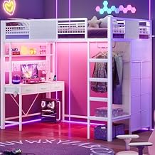 ADORNEVE Twin Size Loft Bed with Desk, 11 Storage Drawers & RGB LED Lights, Metal Loft Bed with Power Outlet, Shelves & Clothing Rack, 13.4" H Safety Guard & Paded Ladder, White