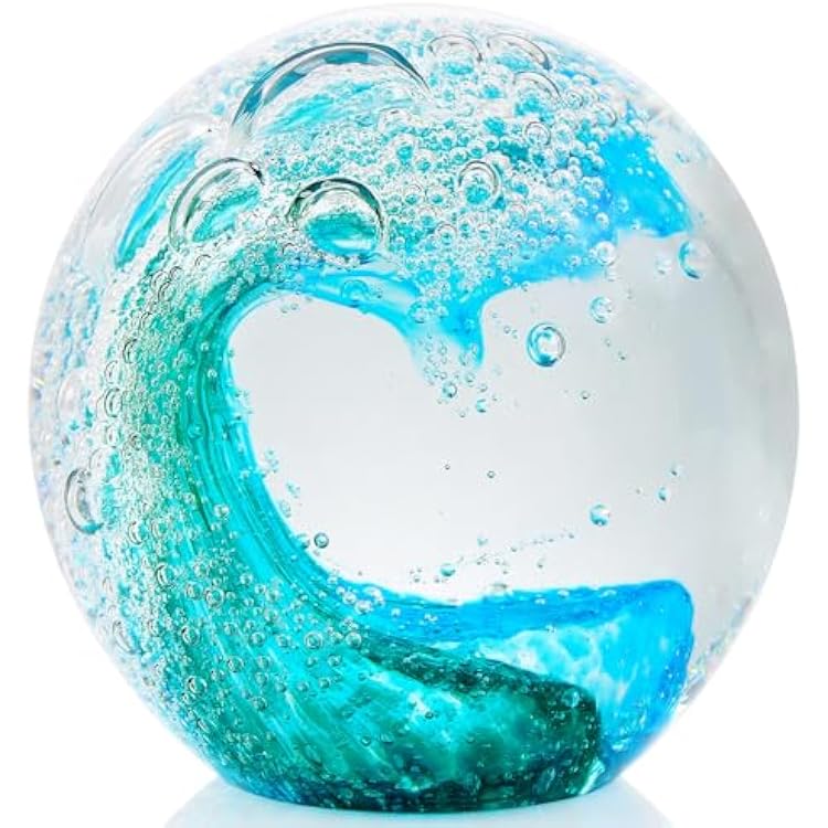 YWHL Hand Blown Glass Ocean Waves Ball Decor, Sea Glass Art Collectible Figurines, Ocean Themed Gifts for Women Men, Beach Decor for Home