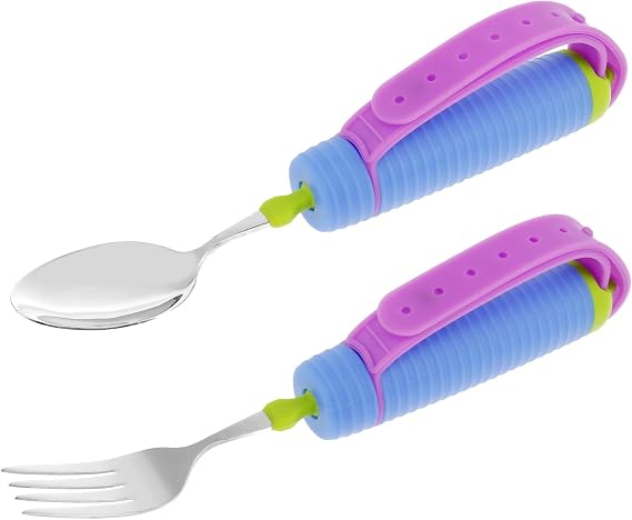 Adaptive Utensils Spoons Forks Set Weighted, Non-Slip Handles & rubber strap for Hand Tremors, Muscle Weakness, Elderly, Adaptive Eating Tableware Spoon Fork Holder, Disabled Assistive Equipment