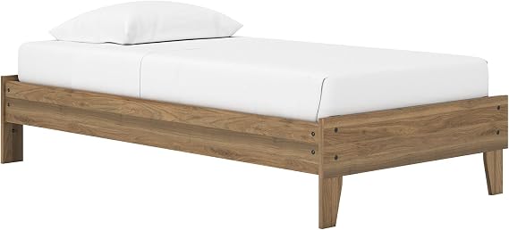 Signature Design by Ashley Deanlow Mid-Century Modern Twin Platform Bed with Metal Slats, Foundation or Box Spring Not Needed, Honey Brown (Headboard Not Included)