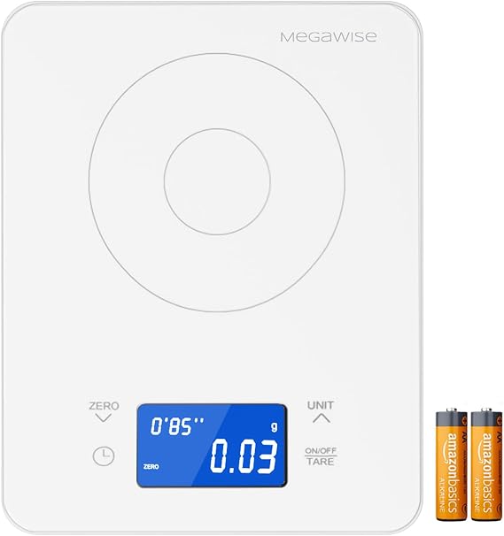 MEGAWISE High Precision Coffee Scale with Timer, Battery Power Supply, Waterproof Tempered Glass, 5 Weighing Modes, Professional Coffee Brewing Timer