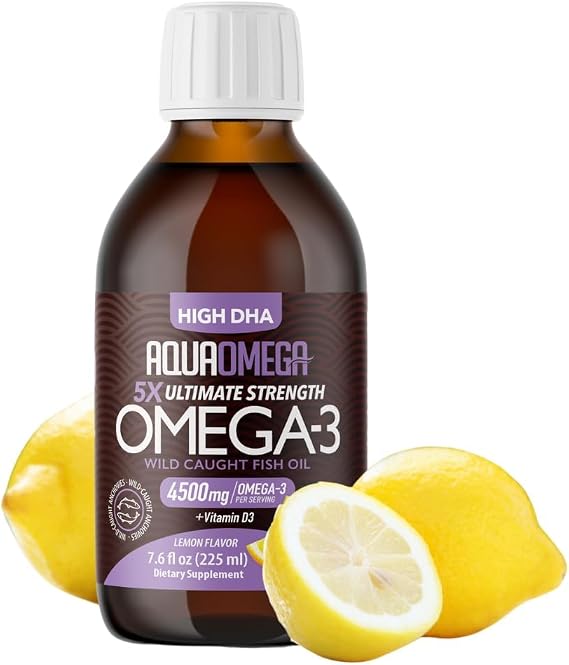 5X Ultimate Strength Omega 3 Fish Oil Liquid with Vitamin D, Burpless Liquid Fish Oil Supplements with High DHA and EPA Omega 3 Fatty Acid Supplements, 7.60 floz, Lemon Flavor