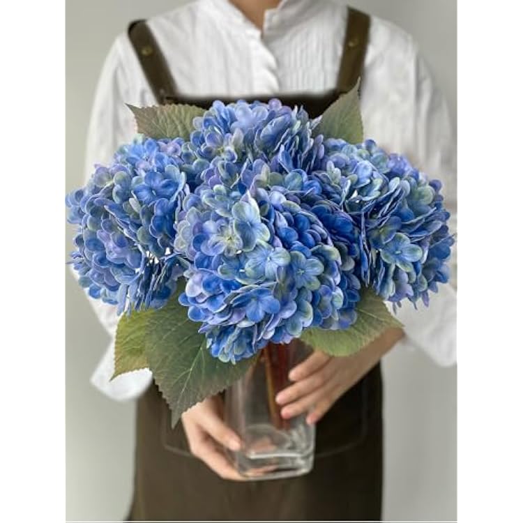 Dark Blue Vintage Hydrangea Artificial Flowers,4Pcs 21 Boho Real Touch Artificial Hydrangea,Fake Silk Flowers for Dinning Tables Party Outdoor Home Cemetery Kitchen Wedding Bouquet