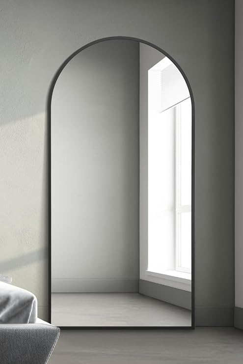 MirrorOutlet The Arcus - Black Framed Modern Full Length Arched Leaner/Wall Mirror 79" X 39" (200CM X 100CM) Silver Mirror Glass with Black All weather Backing.