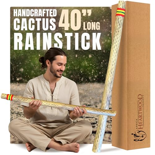 Africa Heartwood Project 40 Cactus Rainstick from Chile - Authentic Handcrafted Rain Stick Musical Instrument with Rasta Yarn Wrap and Durable Sealant