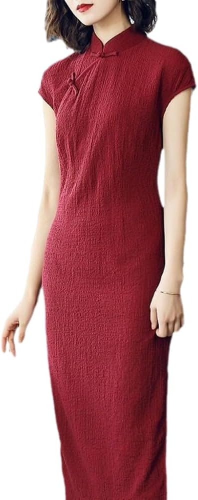 SWEPER Womens Chinese Dress - Summer Traditional Chinese Cheongsam Women Girls Cotton Linen Retro Dress Qipao Bodycon