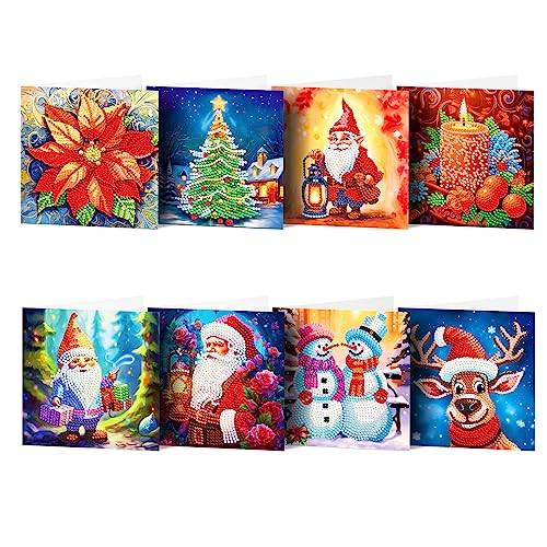 LUSandy 8 Packs DIY 5D Diamond Painting Christmas Cards Kits for Adults Xmas Gnomes Santa Claus Diamond Art Greeting Cards Art Gifts for Christmas Family and Friends