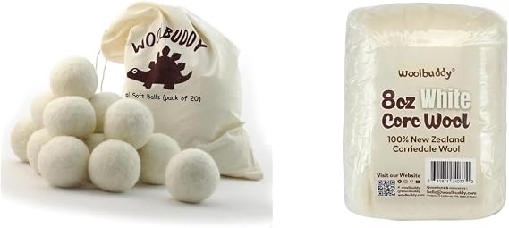 Woolbuddy Felt Ball & Wool Roving 20 White Felt Balls (2.7) + 8oz Core Fiber for Needle Felting, Crafts & Home Decor