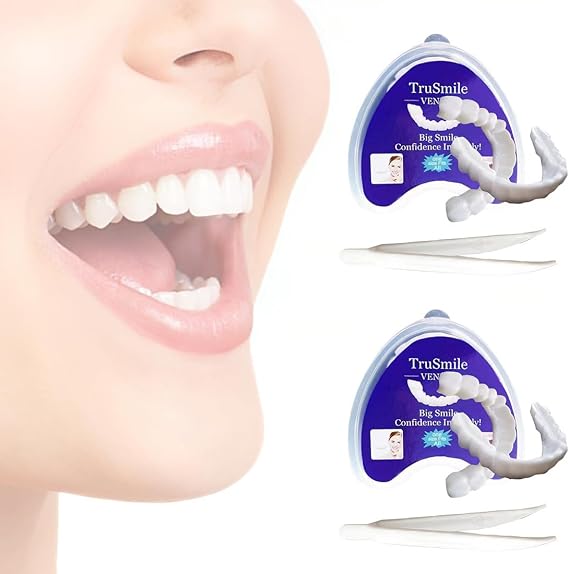 2 Sets False Teeth, False Teeth Clip-on Veneer Top and Bottom, Whitening Veneers Fake Braces and Bottom Set for Men Women, With Tweezers
