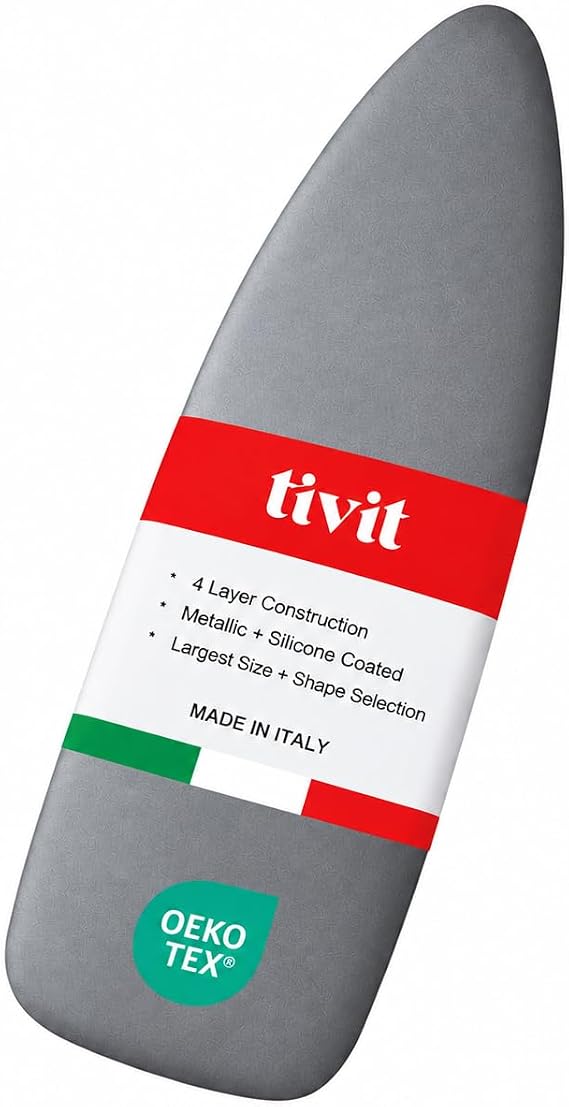 TIVIT Ironing Board Cover: Compatible with Brabantia Size D Replacement Cover, Alumitek Top Coating, Scorch Resistant, Thick Padding, 3 Fastener Straps, Pull Bungee, 49x18, Silver, Made in Italy