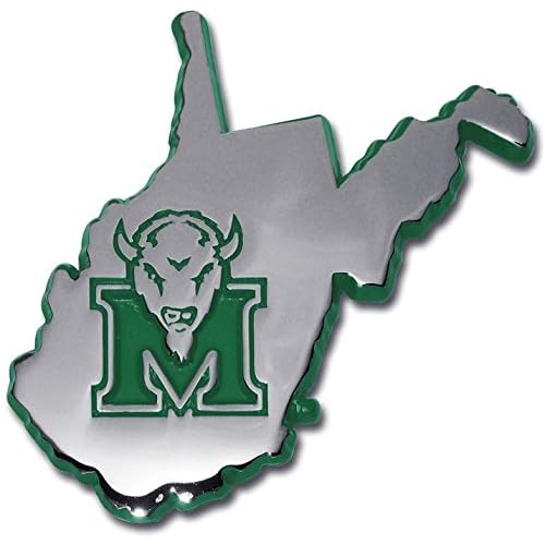 Marshall University Metal Auto Emblem State Shaped with Green Trim