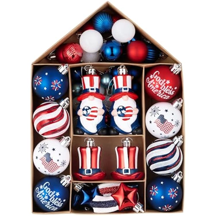 Valery Madelyn 4th of July Tree Decorations for Patriotic Memorial Day Ornaments, 50ct Medium Red White Blue Shatterproof Americana Gnome for Independence Day USA 250th Anniversary Hanging Ball Decor