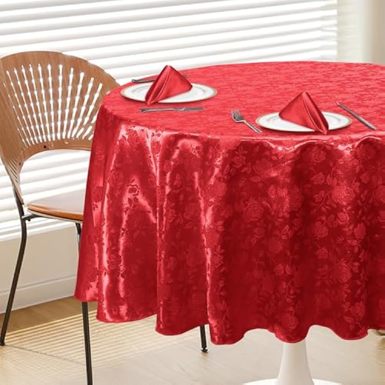Red 60 Round Satin Tablecloth, Jacquard Stain Resistant Table Cloths Wrinkle Free Tablecloth, Silkly Soft Table Cover for Dining RoomPartyWeddingBanquetEvents