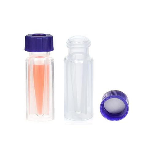 ALWSCI 2ML Polypropylene Vials, 9mm Short Thread Vial with Micro Volume 300L, Blue Screw Cap with Hole, WhitePTFE&Red Silicone Septa, for Ion Chromatography, 100 of Pack