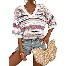 Acelitt Womens Short Sleeve Crochet Knit Sweater Hollow Out Striped Tops Beach Vacation Cruise Outfits