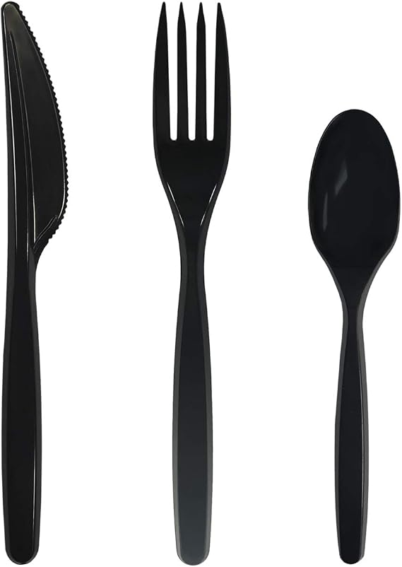 Party Essentials KITCB-3001 Plastic Cutlery Combo, Includes Knives/Forks/Spoons, 300 Pieces/100 Place Settings, Heavy Duty, Black