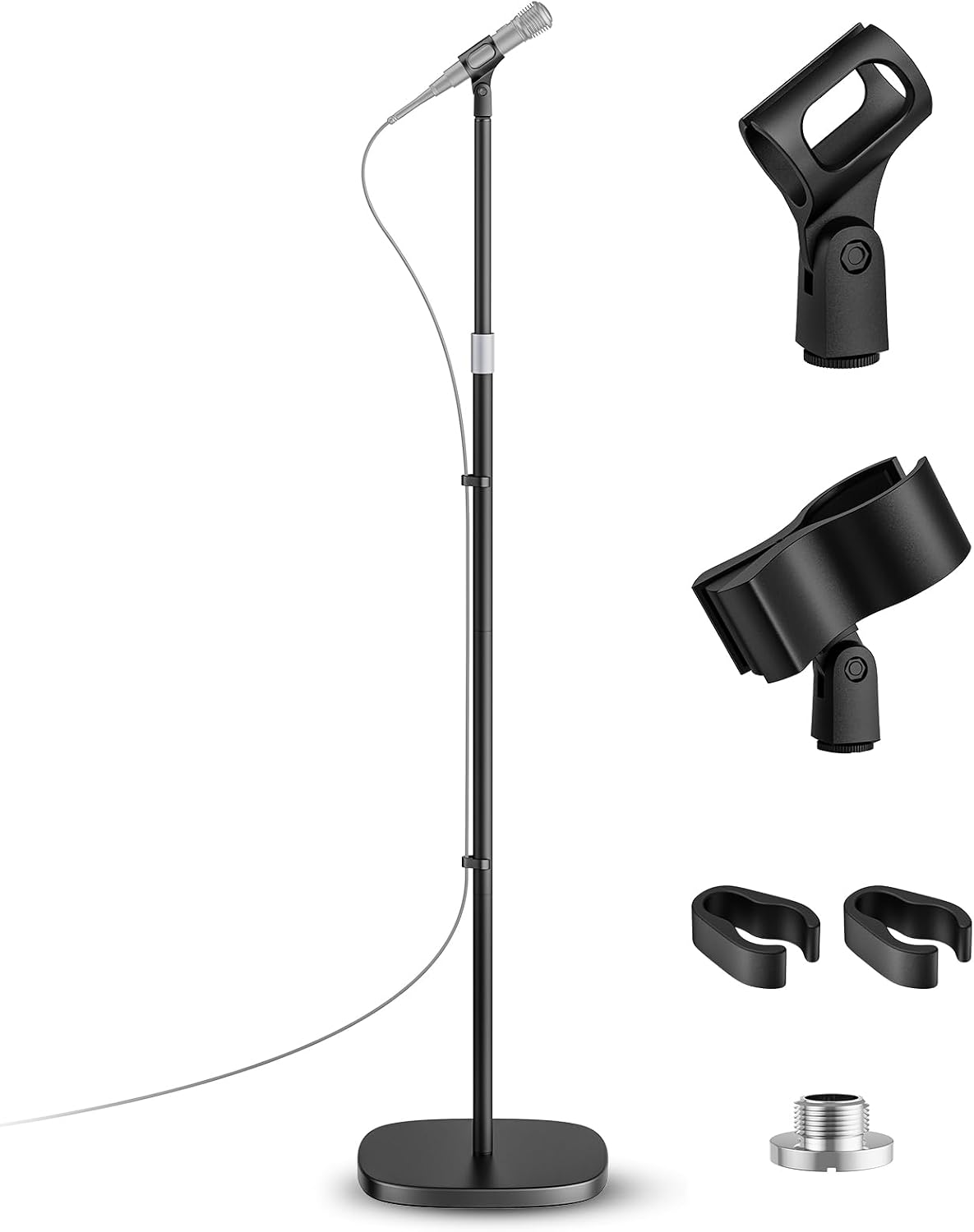 Microphone Stand Universal Decomposable Design Floor Stand Compact Weighted Base Height Adjustable 55cm～170cm  with 2 Microphone Clips Compatible with a Wide Range of Microphones such