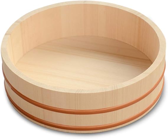Kichgather 10.6" Wooden Sushi Rice Bowl Hangiri Sushi Oke Rice Mixing Tub | round size, natural wood, Light woody fragrance, rice mixing container