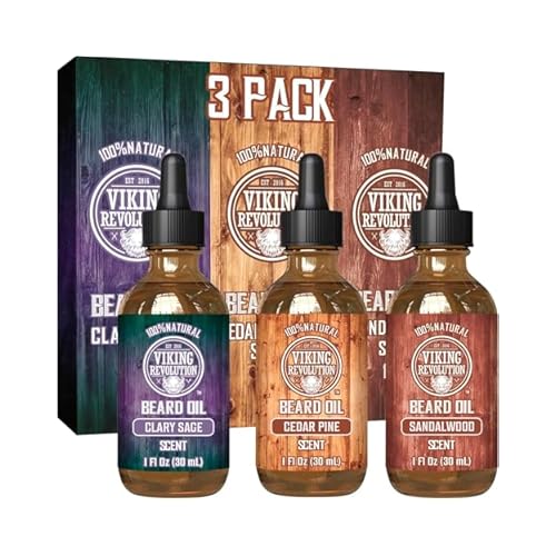 Viking Revolution Beard Oil for Men 3 Pack - Natural Mens Beard Oil Variety Set - Sandalwood, Pine and Cedar, Clary Sage Scents - Beard Conditioning and Moisturizing for a Healthy Beard 3 Pack, 1oz