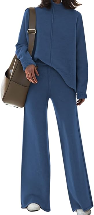 HUUSA Women's 2 Piece Sweatsuit Outfits Long Sleeve High Neck Knit Pullover Sweater Top High Waist Wide Legs Pants Lounge Set