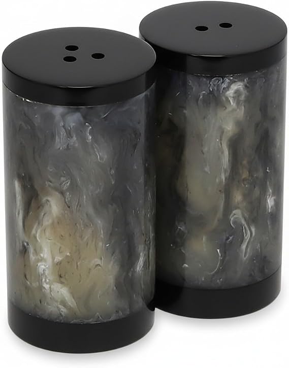 Premium Resin Salt & Pepper Shaker Set Modern Marble Design, Minimalist Dining Table Accessory with Black Color (Set of 2, 3.5 Inch)