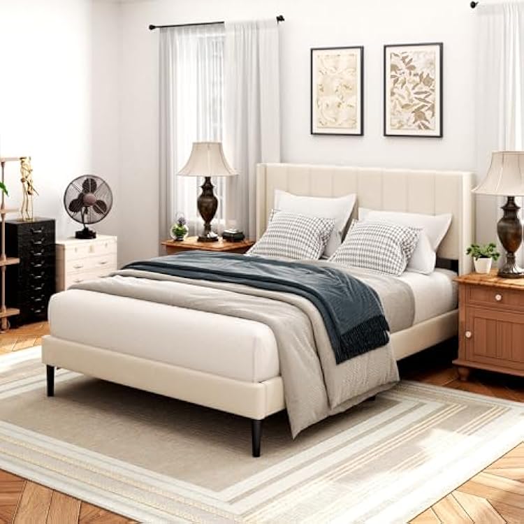 Sismplly Queen Bed Frame with Headboard,Bed Frame Queen Size Vertical Channel Tufted Wingback No Box Spring Needed, Mattress Foundation, Easy Assembly, Beige