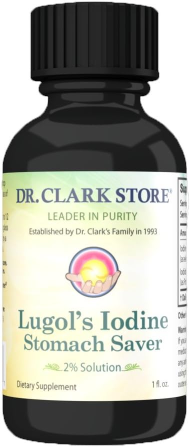 Stomach Saver from Dr. Clark Store, Contains Lugols Iodine 2% Granular Iodine - 1 fl. Oz with a Dropper and Cone Cap for Traveling