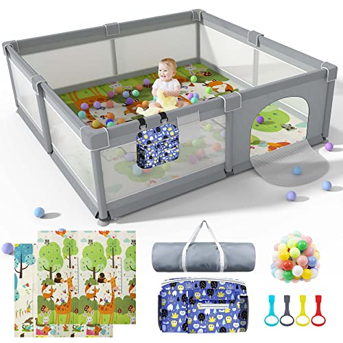 Baby Playpen 79 X 71, LUTIKIANG Play Yard for Babies and Toddlers with Mat, Safety Extra Large Baby Fence Area, Indoor & Outdoor Kids Activity Play Center with Anti-Slip Suckers and Zipper Gate.