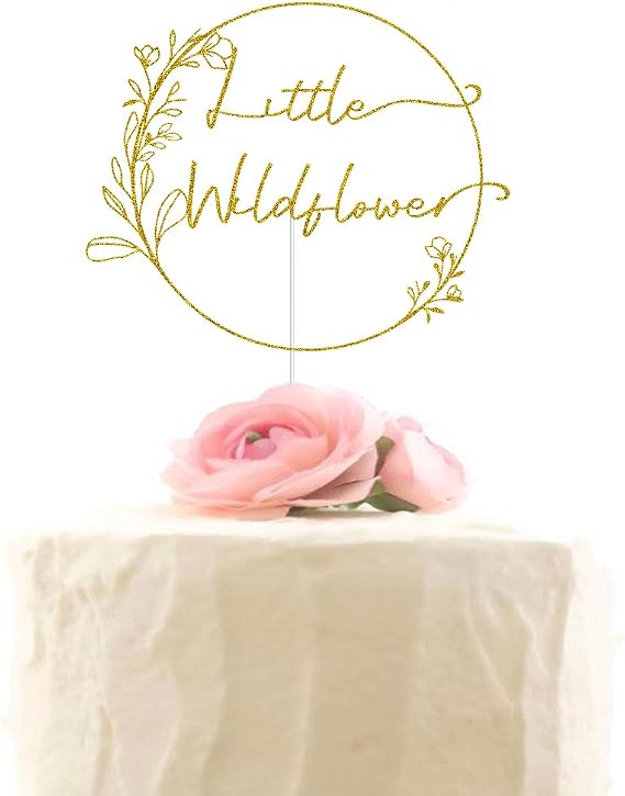 Little Wildflower Cake Topper, It's a Girl, Baby Shower/Happy Birthday Party Decorations, Welcome Baby Girl Cake Decor, 1st Birthday Party Supplies for Girls, Gold Glitter
