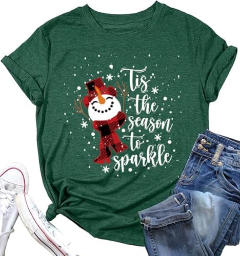 Tis The Season Shirts for Women Christmas Shirt Cute Snowman Christmas Tree Cakes Graphic Tees Winter Tops