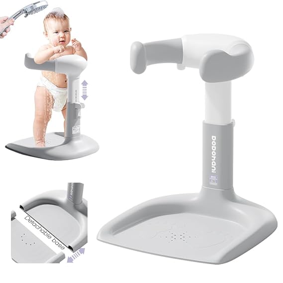 Baby Shower Stand 2025 Upgraded, Removable base, Shower Standing Support with Adjustable Height and Armrest, Bath Stand with Anti-Skip and Shower Head Holder, Ideal Gift for Infants 6-36 Months (grey)