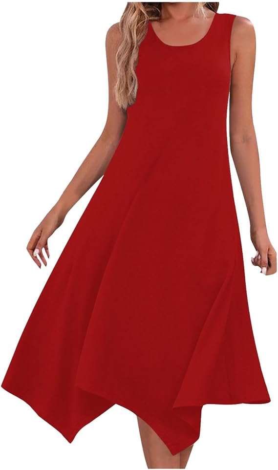 Sleeveless Tank Dress for Women Round Neck Fashion 2025 Summer Handkerchief Hem Flowy Vacation Casual Sundresses