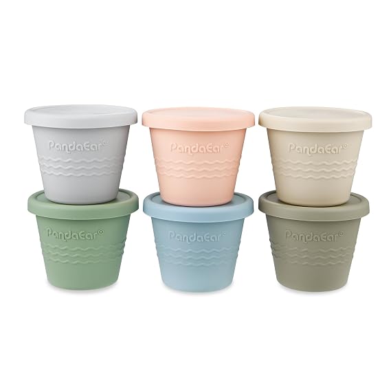 PandaEar 6 Pack Silicone Baby Food Storage Containers (4 oz) -Leakproof & Airtight Reusable Snack Cups with Lids - Freezer, Dishwasher Safe - Versatile Puree Jars for Infants & Toddlers