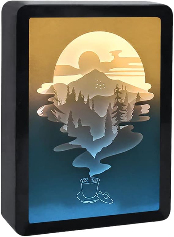 3D Paper Carving Lamp Papercut Light Boxes Frame Night Lights Paper Sculptures Night Lamp of Creative Shadow Paintings (Teacup World 1)