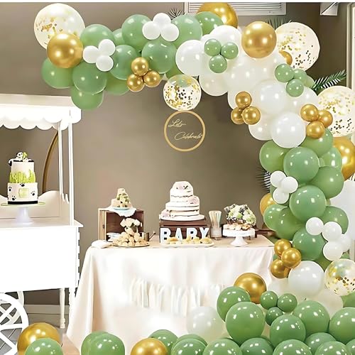 104pcs Sage Green, White, and Gold Confetti Balloon Garland Arch Kit for Birthday, Baby Shower, Wedding, Jungle Safari, Neutral Party Decorations, Boho Bridal Shower, Graduation, Garden Party Decor