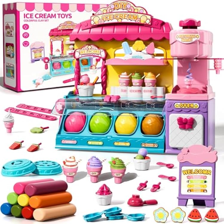 Ice Cream Toys Air Dry Clay Kit for Kids, 80 PCS Ice Cream Shop Set Food Toys for Girls 3 4 5 6 Years Old, Pretend Play Toys DIY Soft Magic Modeling Clay for Kids Girls Toddler 3-5 4-8
