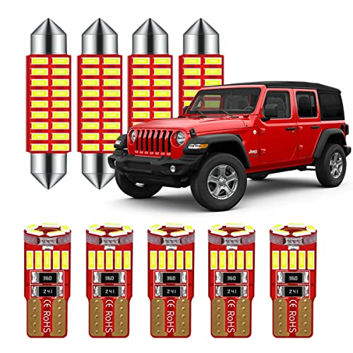 Super Bright Deluxe LED Interior Lights Kit Package for Jeep Wrangler JK 2-Door 4-Door 2007 2008 2009 2010 2011 2012 2013 2014 2015 2016 2017 2018 Models Map Dome Bulb 6000K White 9-pc Pack