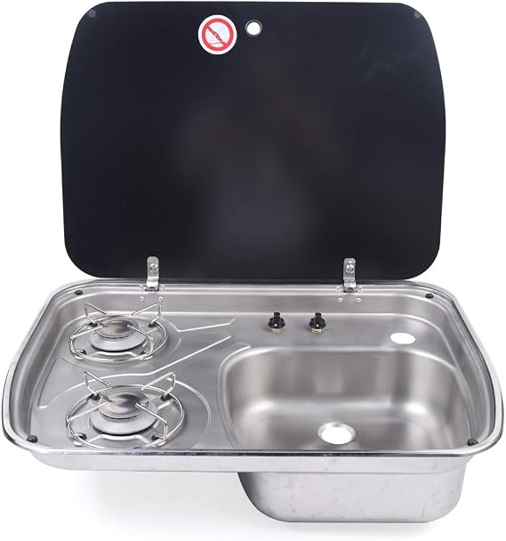 Gas Camping Stove 2 Burners Boat Caravan RV Camper LPG Gas Stove Hob and Sink Comb RV Cooktop Stove with Tempered Glass Lid (GR-588, 2 Burners Sink Stove)